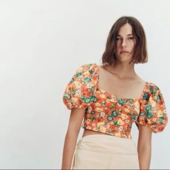 Zara Orange Floral  Print Puff Sleeve Flounce Crop Top Size Small - Picture 1 of 7